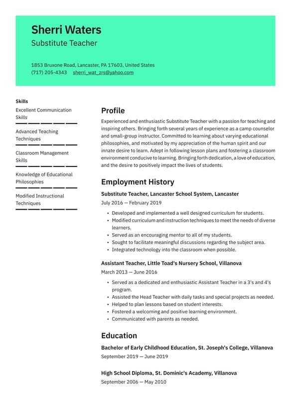 Substitute Teacher  resume example
