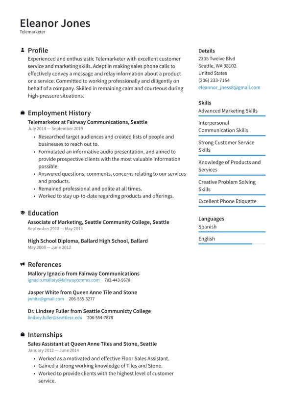 Telemarketer resume example