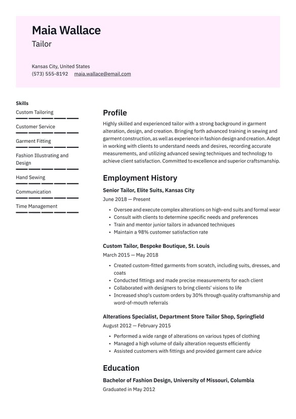 Tailor resume example
