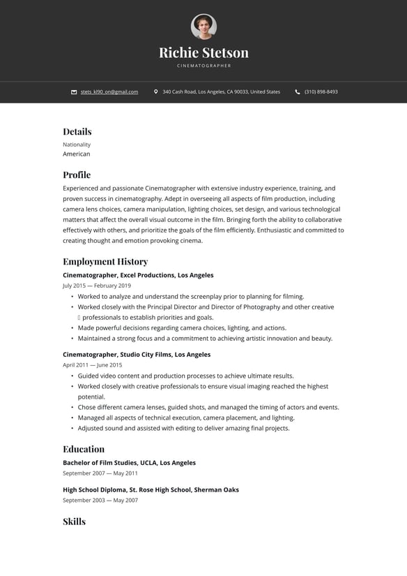 Cinematographer resume example