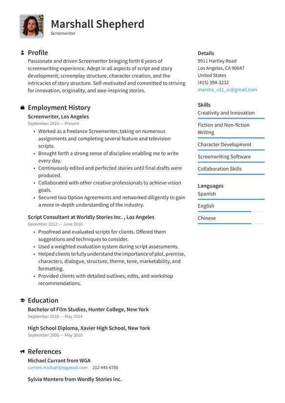 Screenwriter resume example