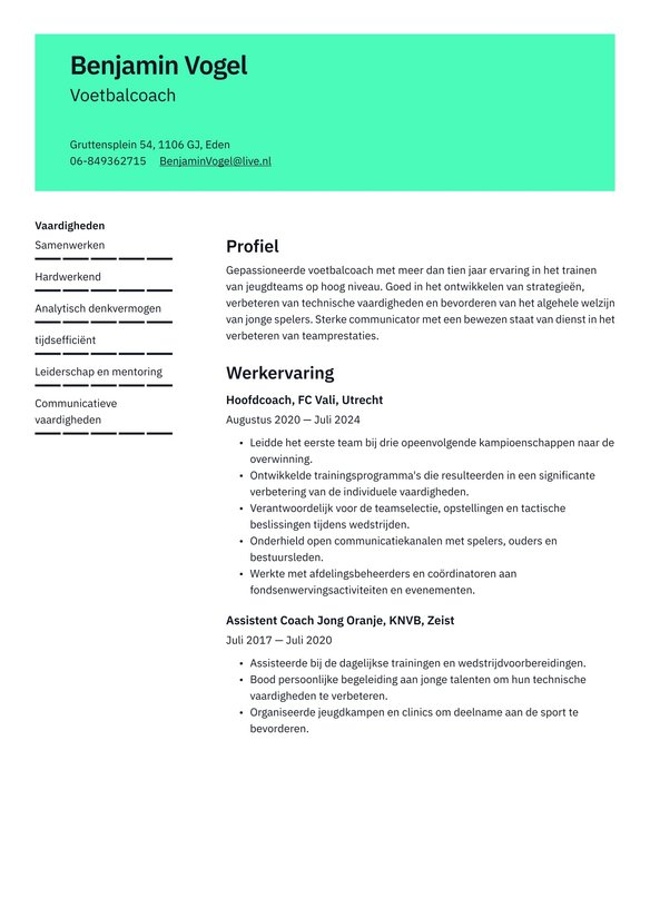 Voetbaltrainer resume example