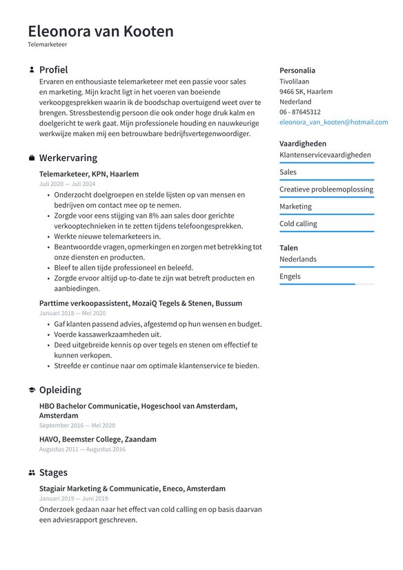 Telemarketeer resume example