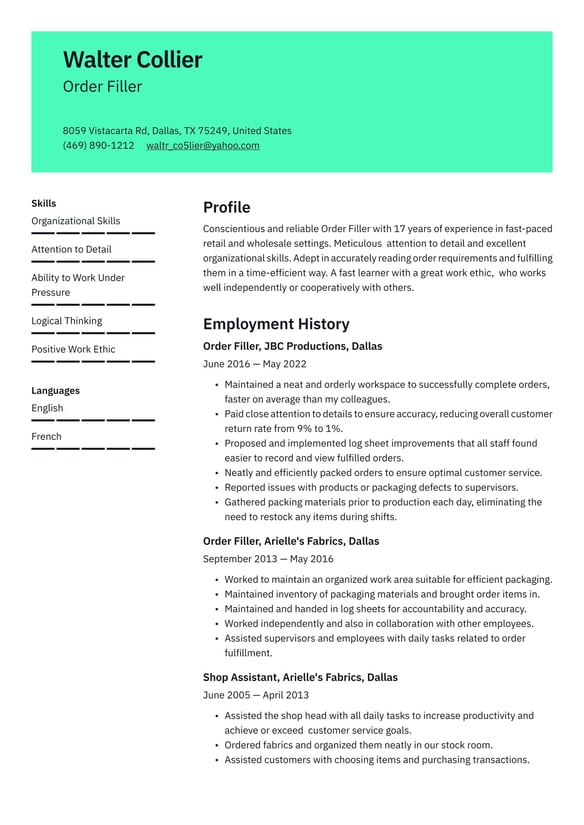 Order Filler resume example