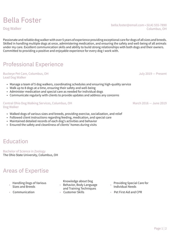 Dog Walker resume example