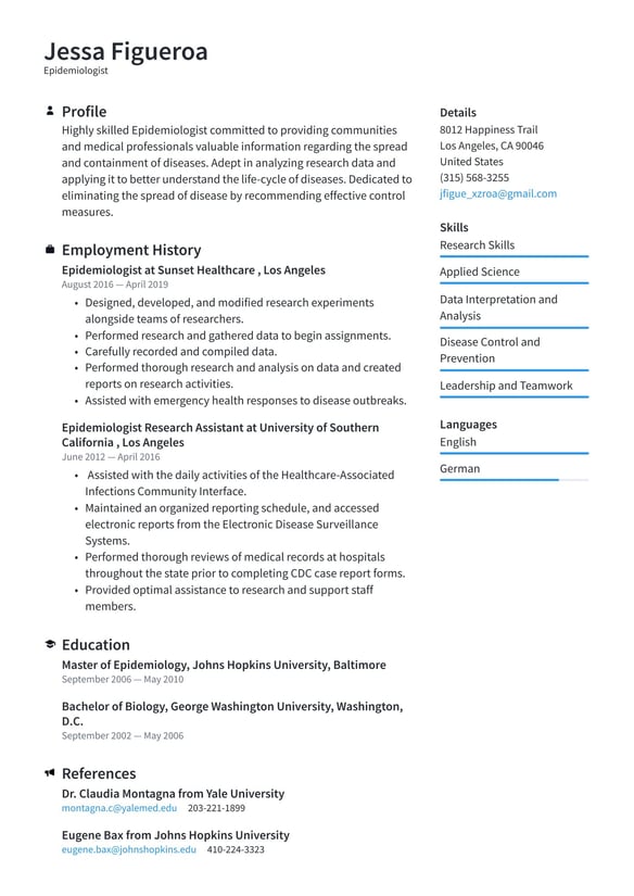Epidemiologist resume example