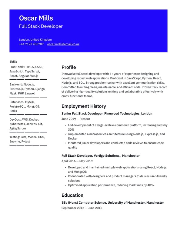 Full Stack Developer resume example