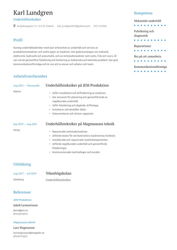 Underhållstekniker resume example