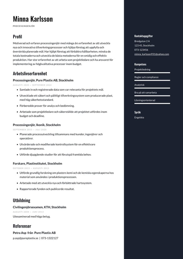 Processingenjör resume example
