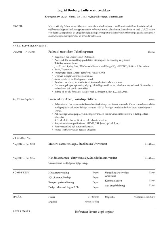 Full-stack-utvecklare  resume example