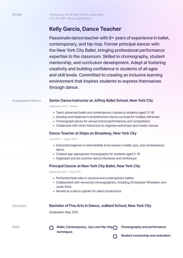 Dance Teacher resume example
