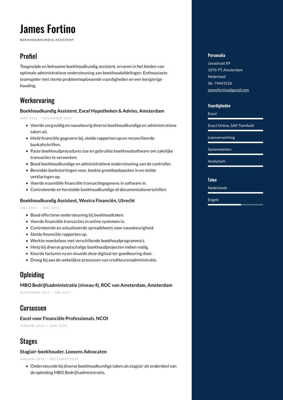 Boekhoudkundig Assistent resume example