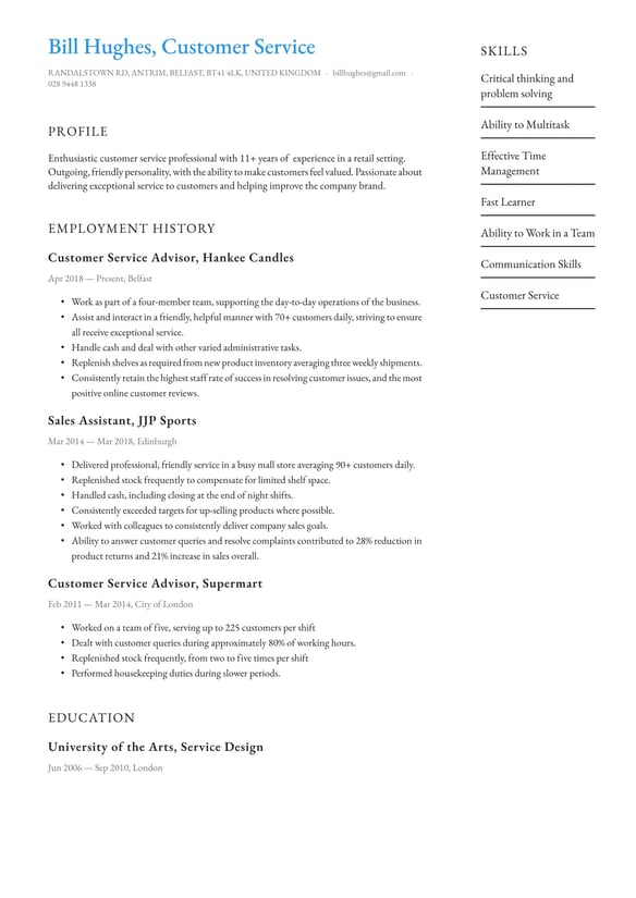 Customer Service resume example
