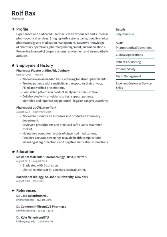Pharmacist resume example