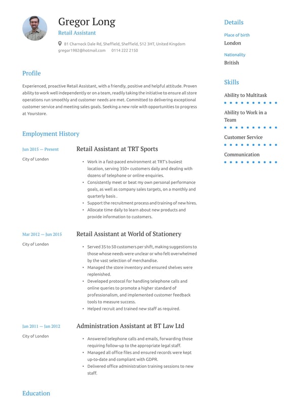 Retail resume example