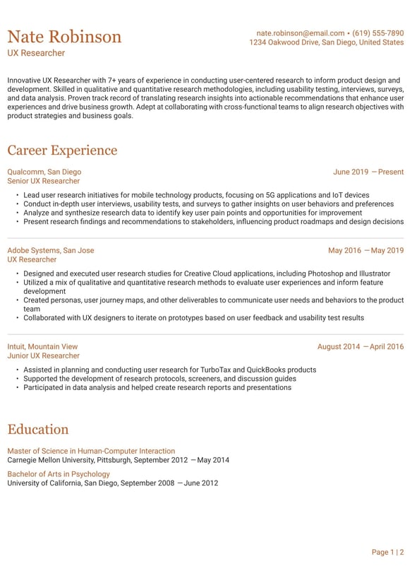 UX Researcher resume example