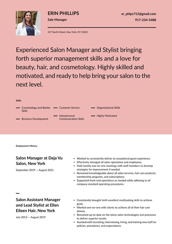 Salon Manager resume example