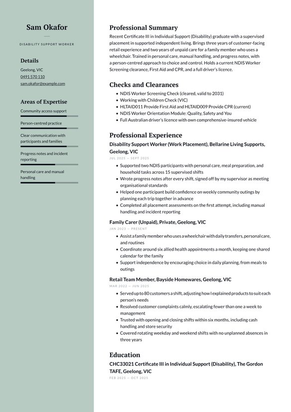 Disability Support Worker resume example