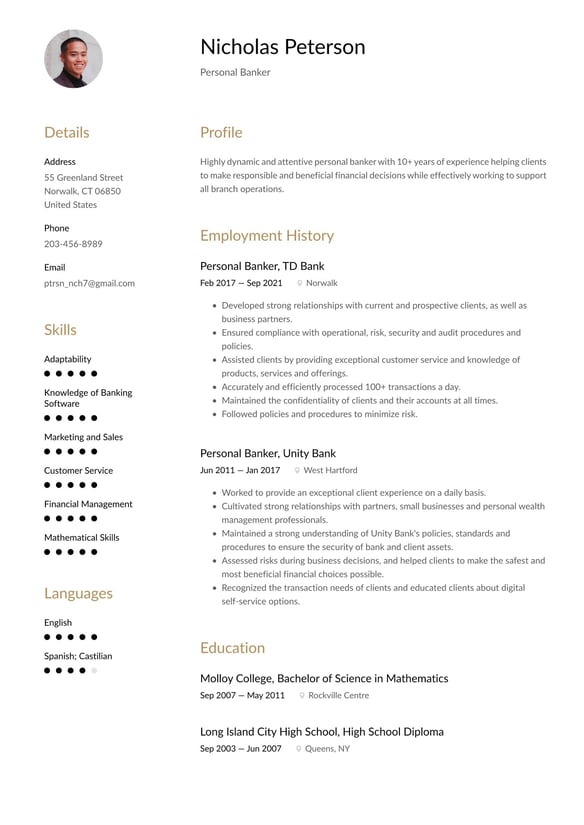 Personal Banker resume example