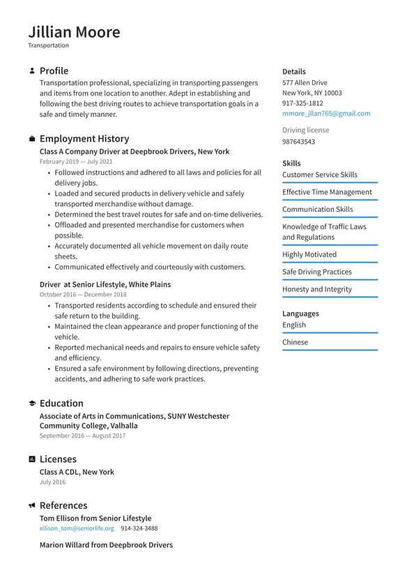 Transportation resume example
