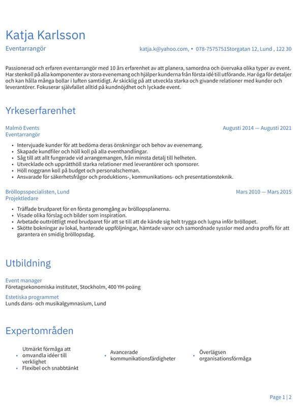 Eventarrang&ouml;r resume example