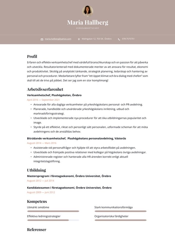 Verksamhetschef resume example