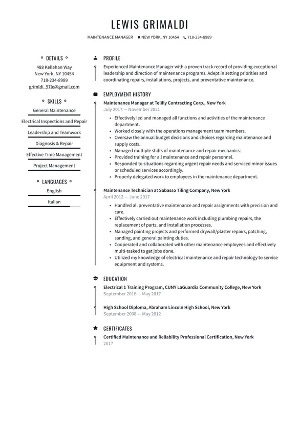 Maintenance and repair resume example
