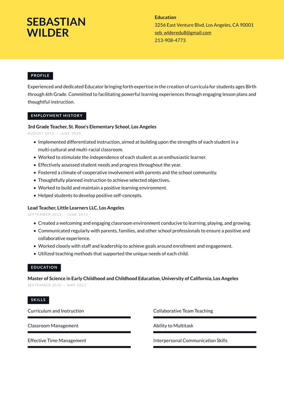 Education resume example