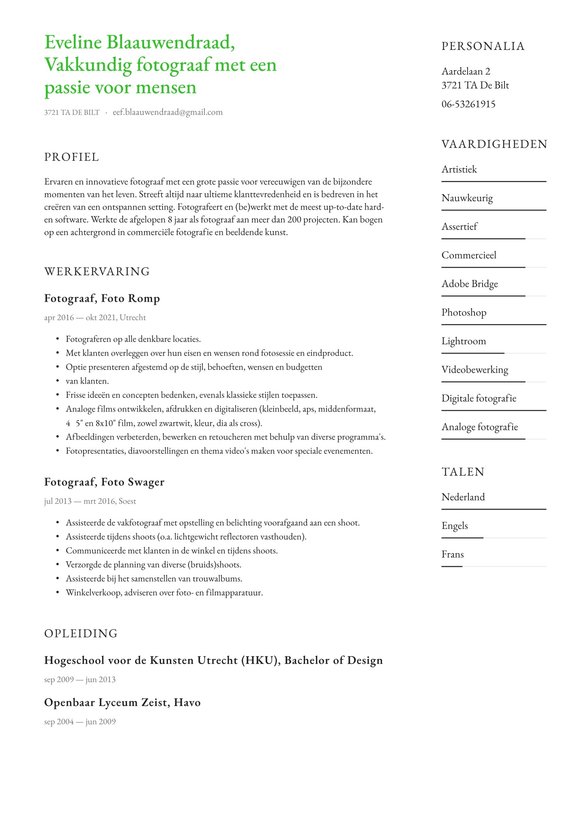 Fotograaf resume example