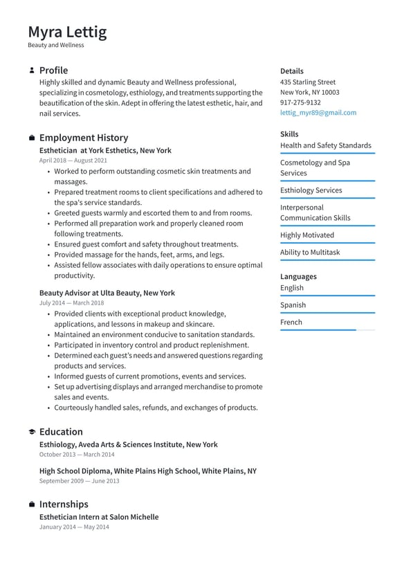 Beauty and wellness resume example