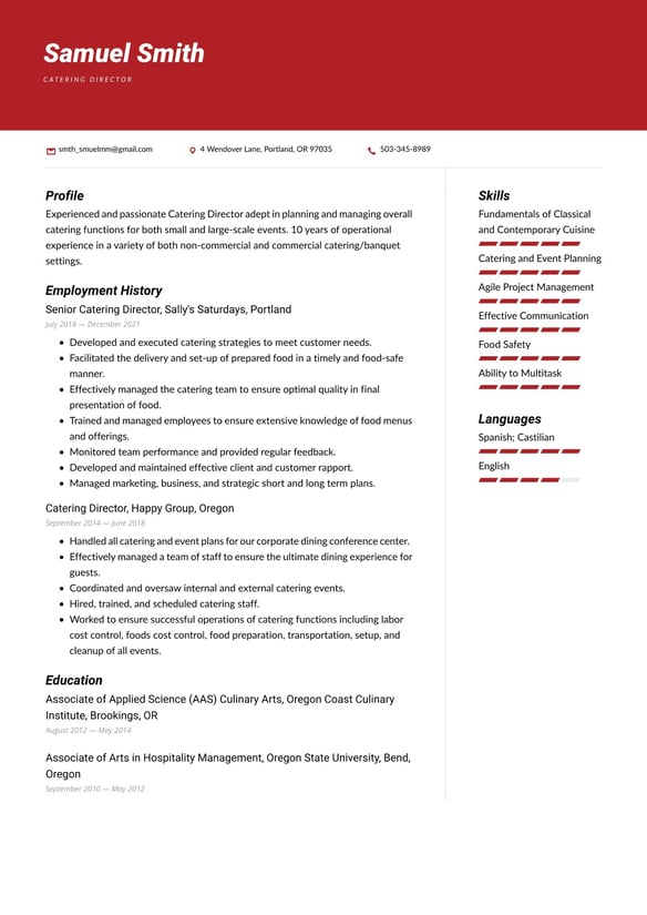 Hospitality and catering resume example