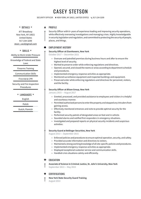 Security and protective services resume example