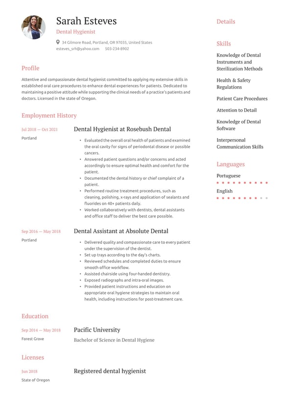 Dental Hygienist resume example