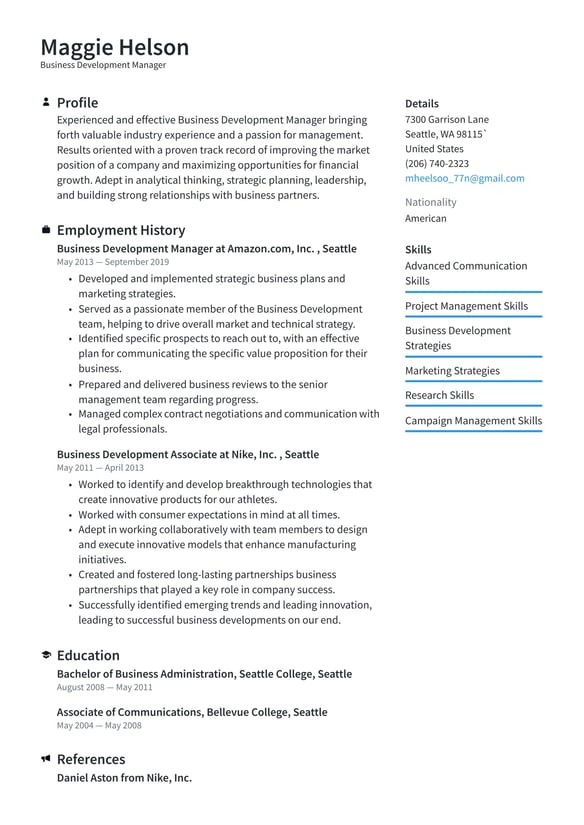 Business Development Manager resume example