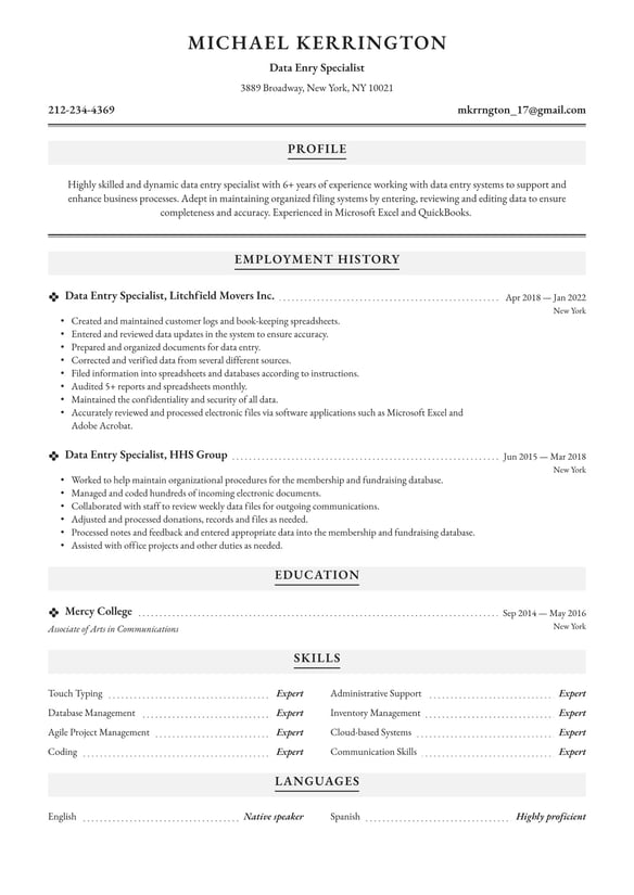 Data Entry Specialist resume example