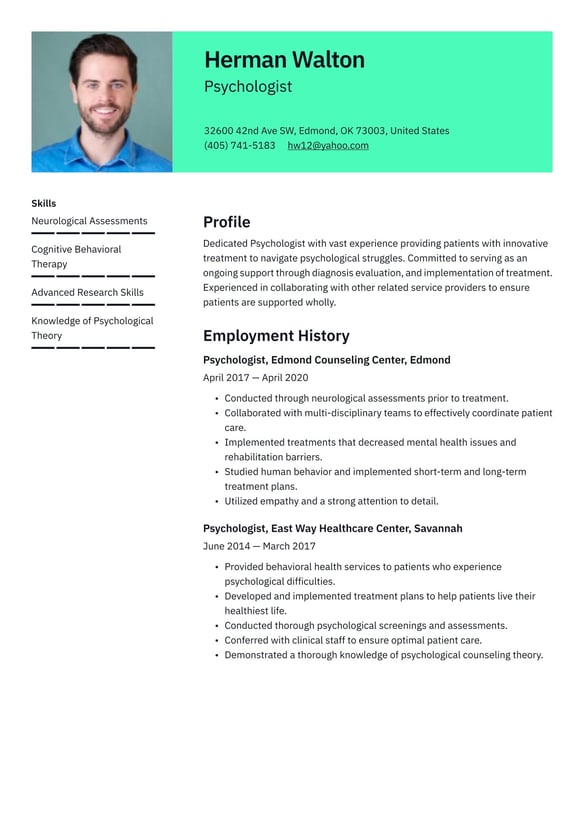Psychologist resume example