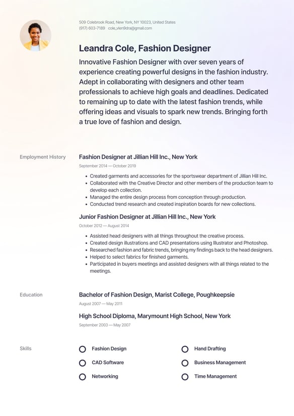 Fashion Designer resume example