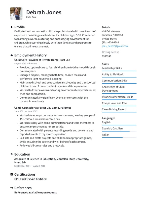 Child Care resume example