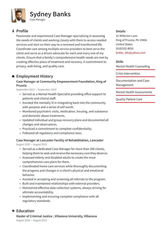 Case Manager resume example