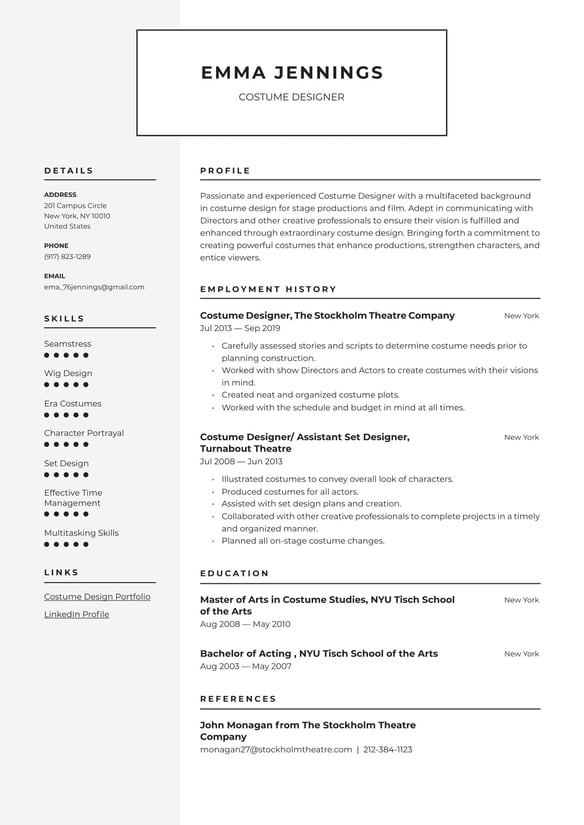 Costume Designer resume example