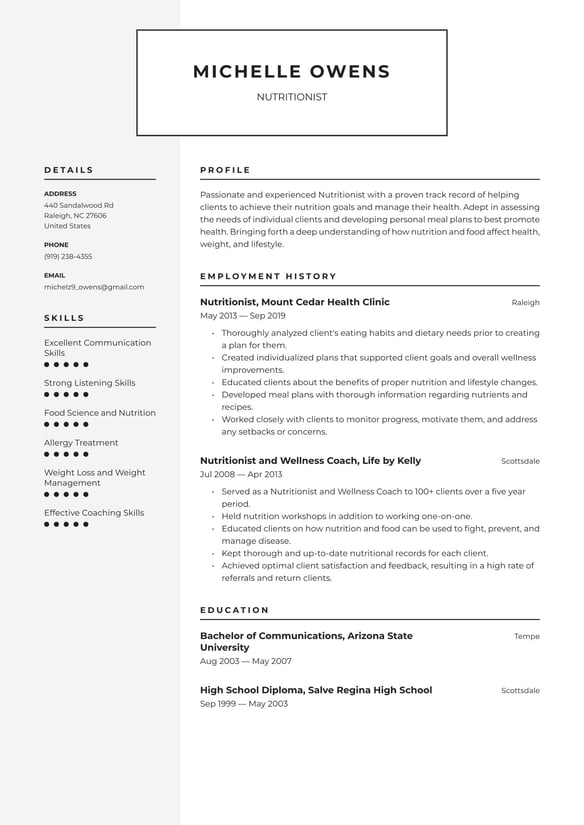 Nutritionist resume example