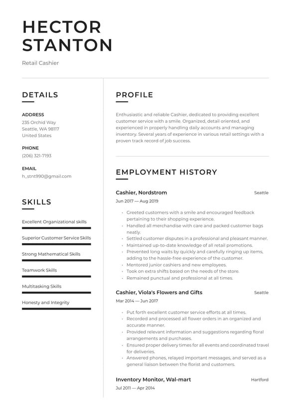 Retail Cashier resume example