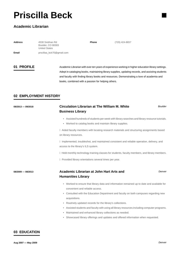 Academic Librarian resume example