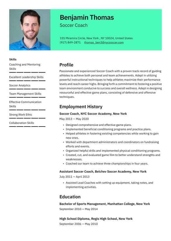 Soccer Coach resume example