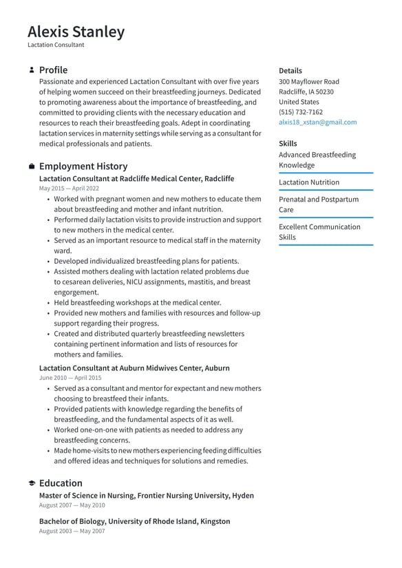Lactation Consultant resume example