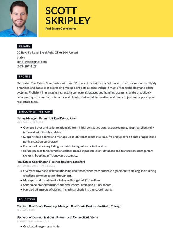 Real Estate Coordinator resume example