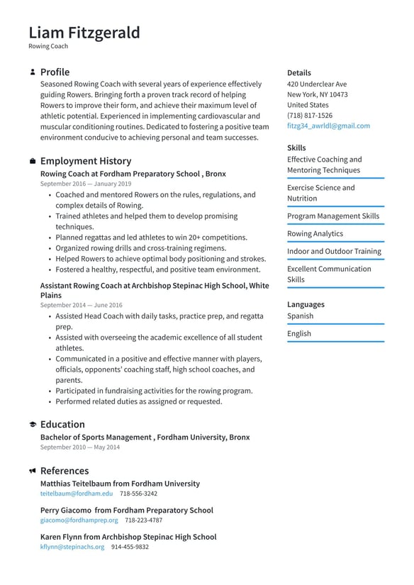 Rowing Coach resume example
