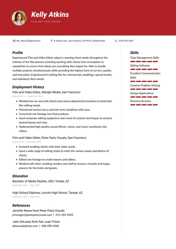 Film and Video Editor resume example