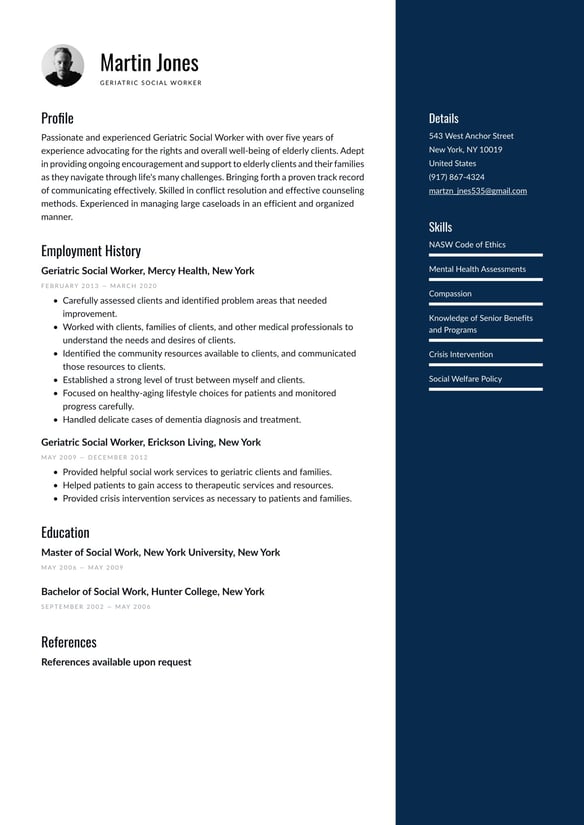 Geriatric Social Worker resume example