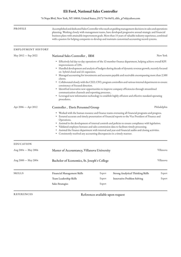 National Sales Controller  resume example